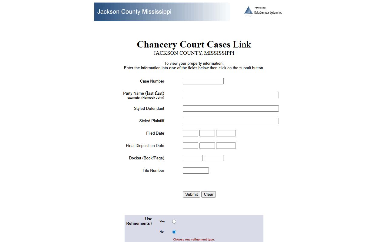 Jackson County court records search on the Delta Computer Systems Chancery Court portal