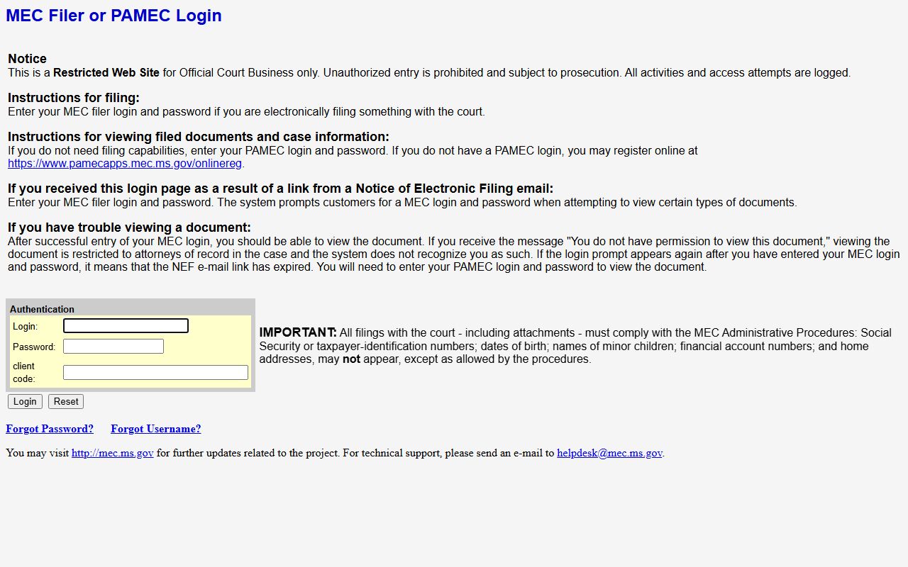 Jackson County court records access through the Sixteenth Chancery District MEC and PAMEC login