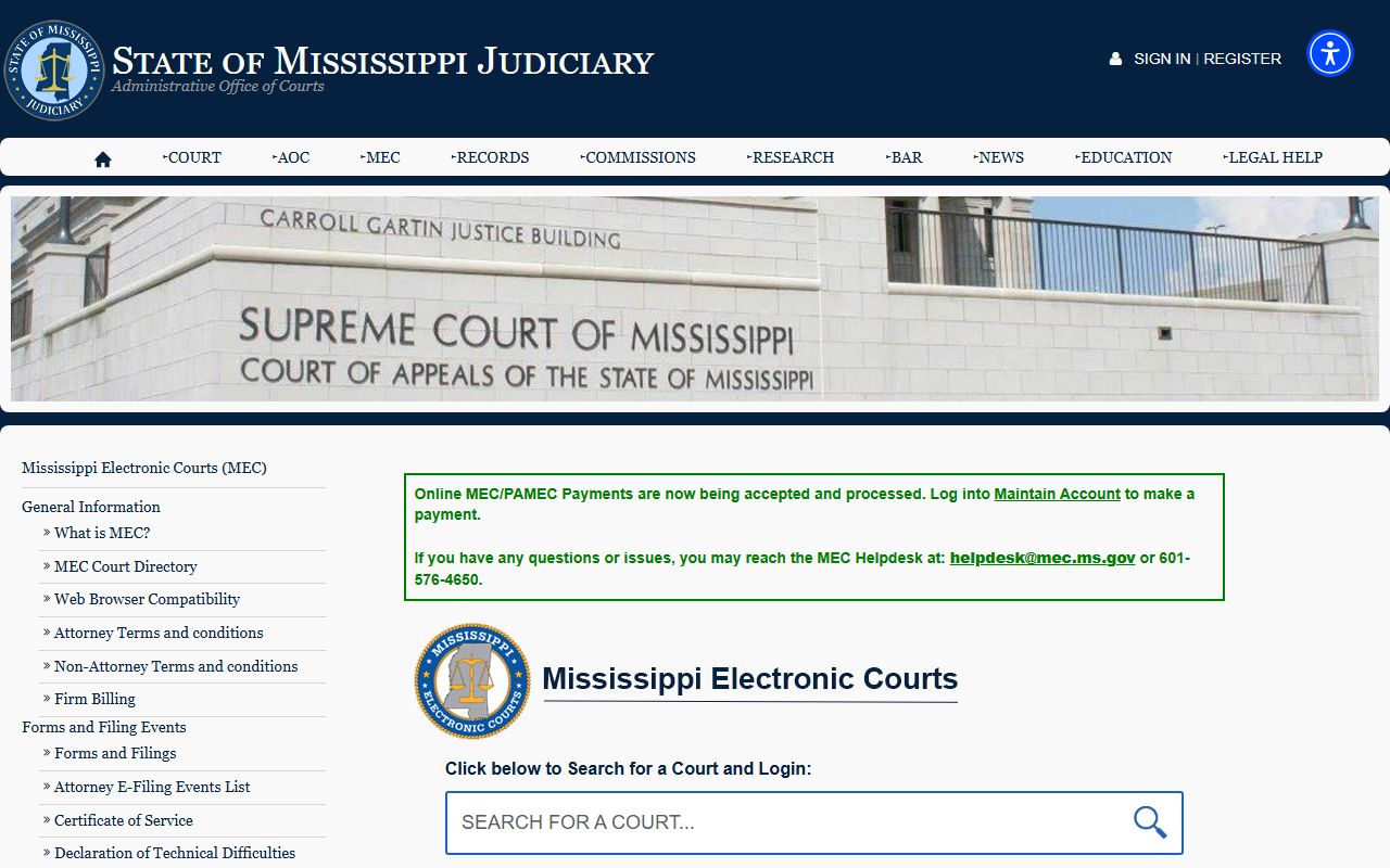 Mississippi Electronic Courts login for Jackson County court records
