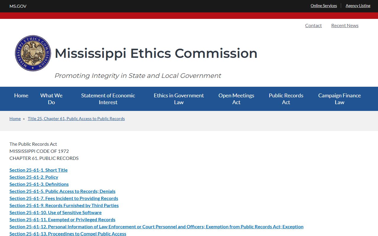 Mississippi Public Records Act page for Jackson County court records