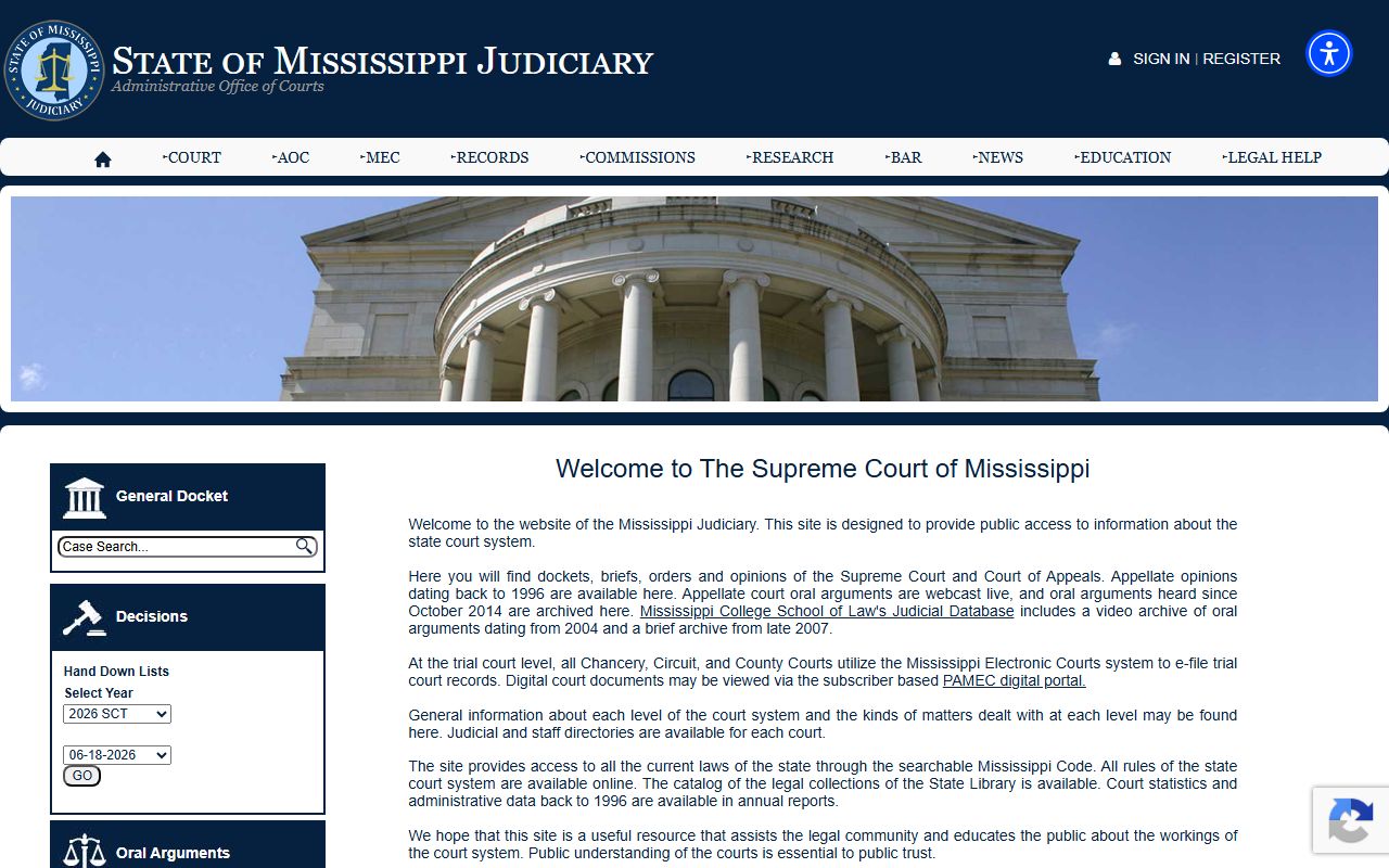 Mississippi Judiciary home page for Jackson County court records