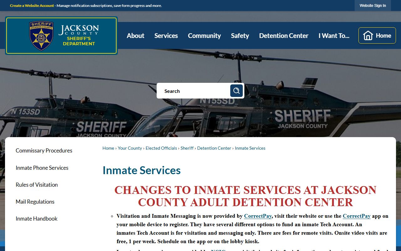 Jackson County inmate services and commissary page