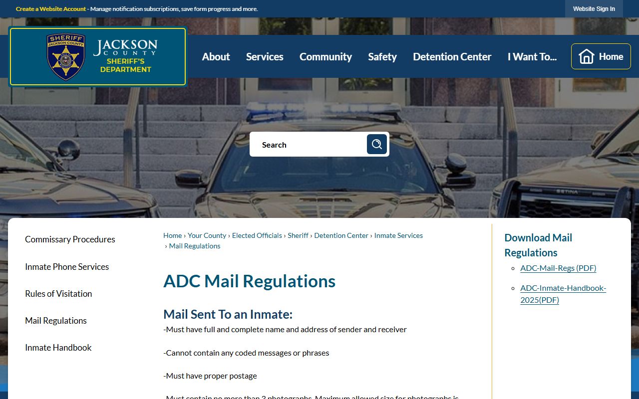 Jackson County inmate mail regulations page
