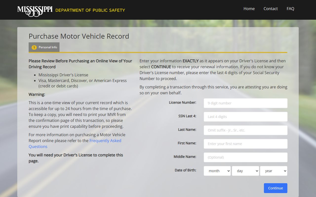 Jackson County traffic driver record purchase on the Mississippi DPS motor vehicle record form
