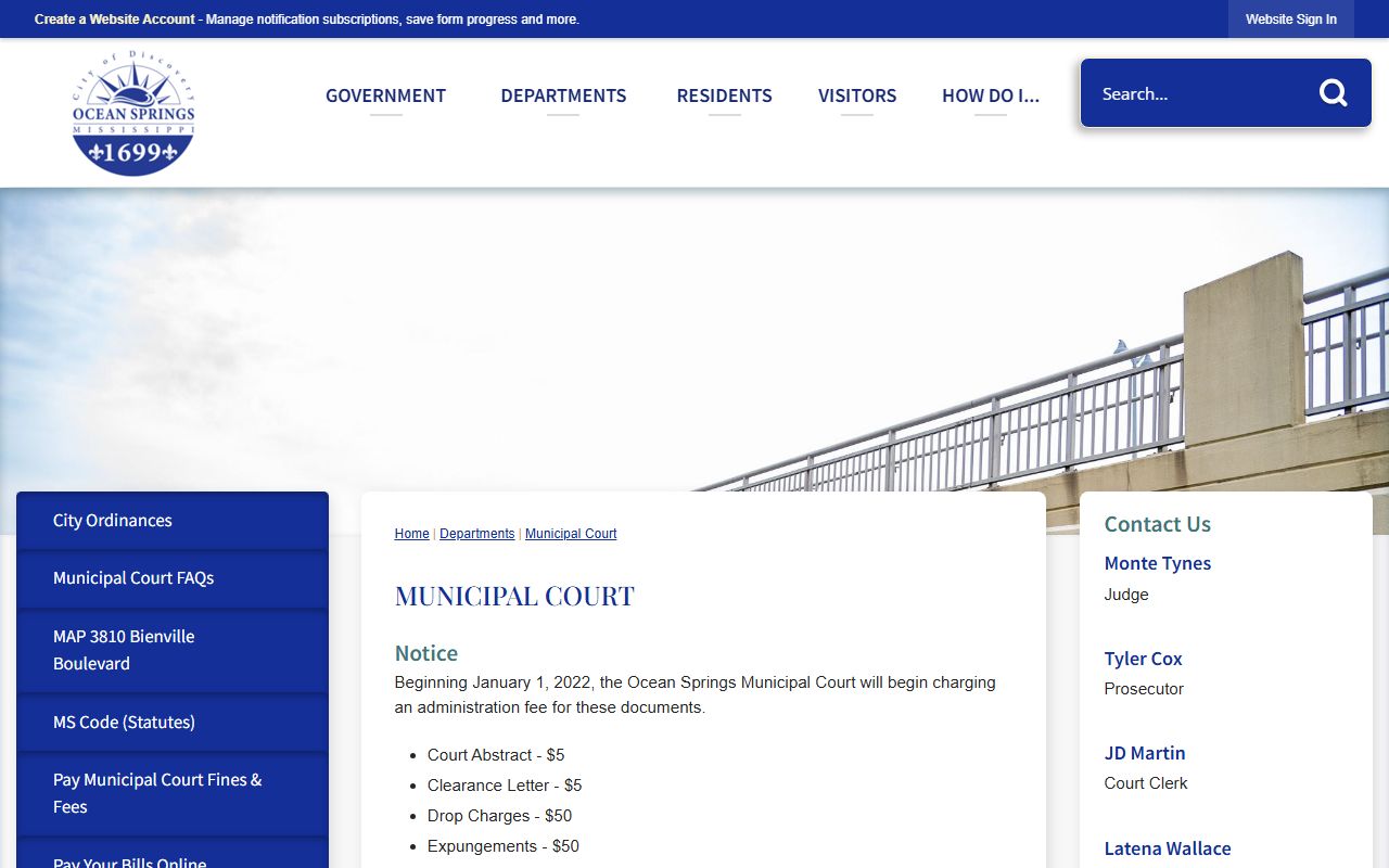 Jackson County traffic ticket payment options on the Ocean Springs Municipal Court page