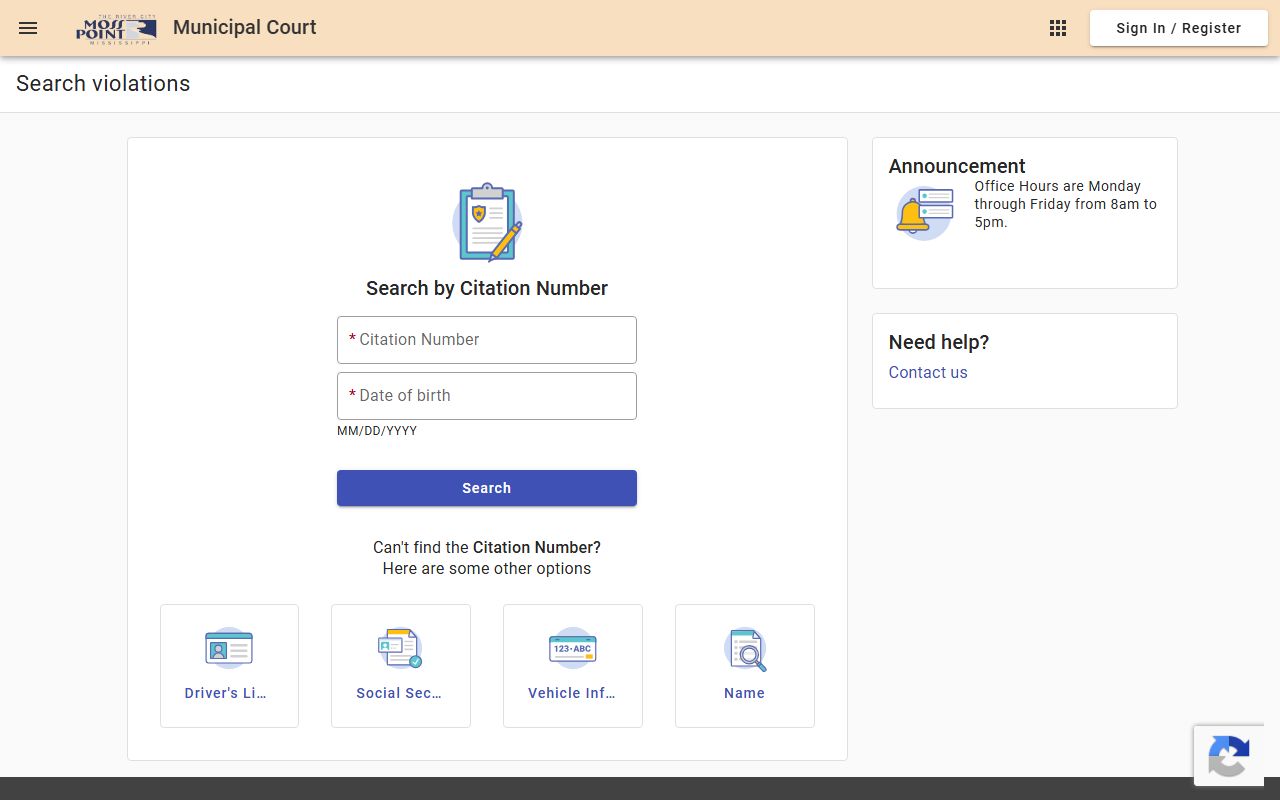 Jackson County traffic record search on the Moss Point municipal online court payment portal
