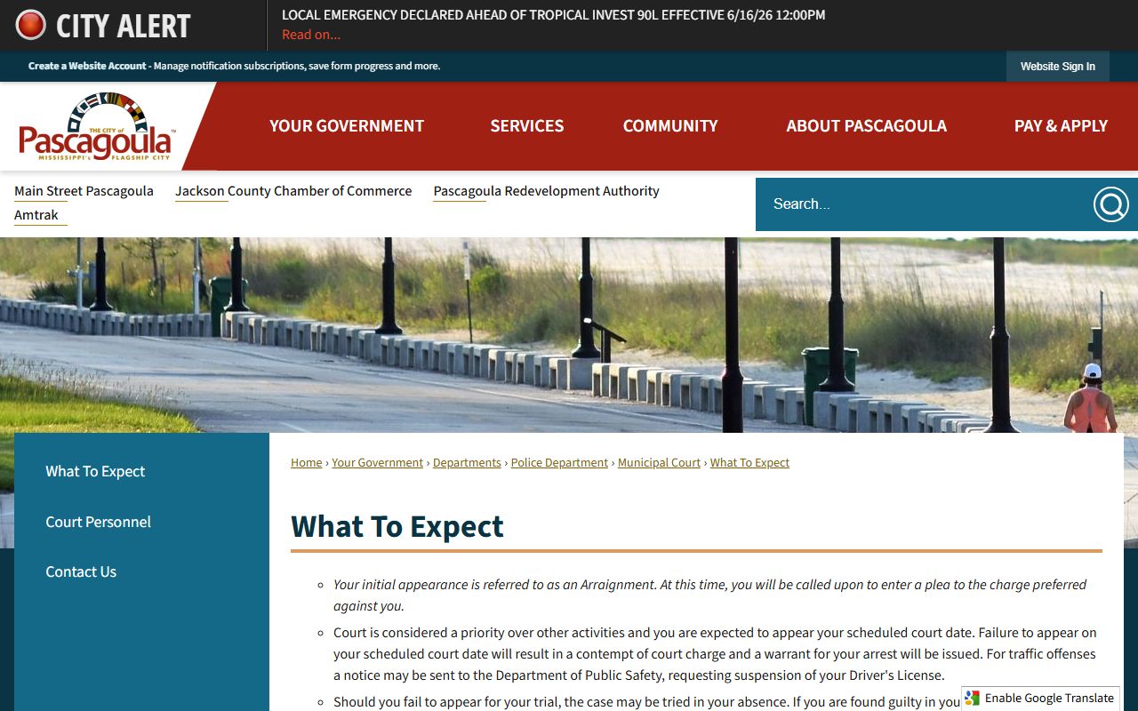 Jackson County warrant rules on the Pascagoula municipal court page